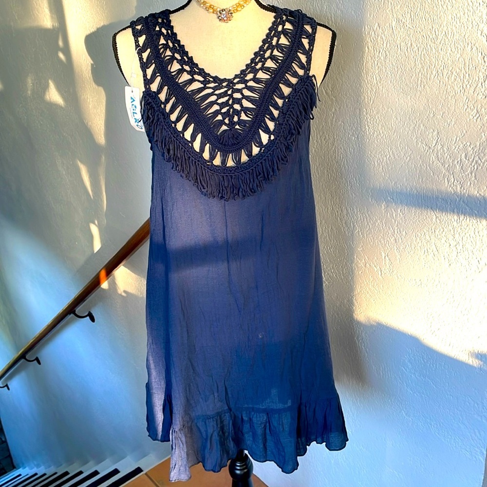 NWT Aloro‎ PomPom Crochet Gauzy Swimsuit Cover-up in Navy Size Medium - Picture 2 of 7